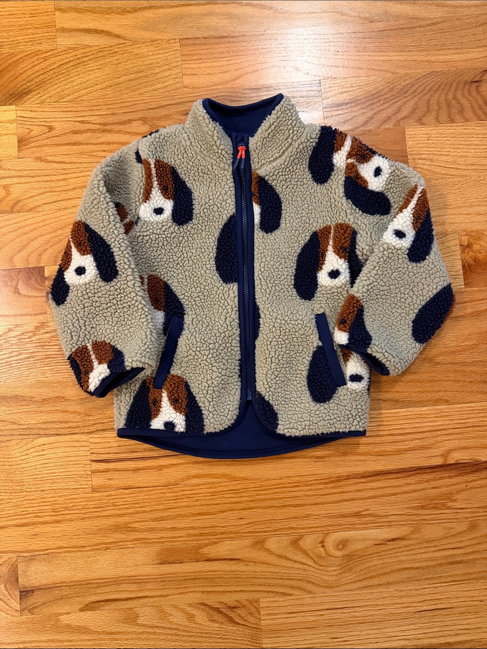 Mini Boden Cosy Borg Jacket with Navy and Brown Puppy Print